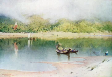 Der Fluss bei Prome, Morgennebel steigt auf